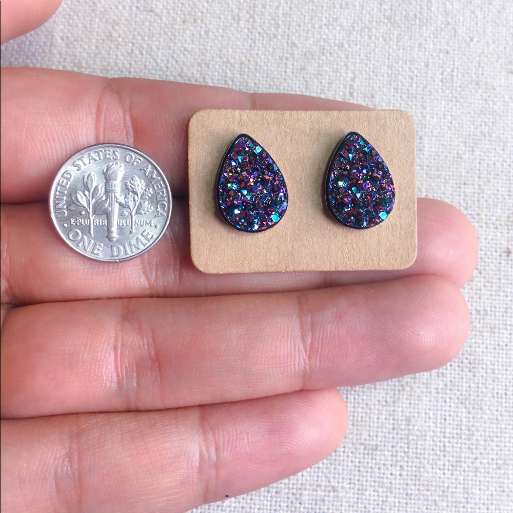 Mystic Purple Teardrop Druzy Studs Hypoallergenic - Picture 4 of 5
